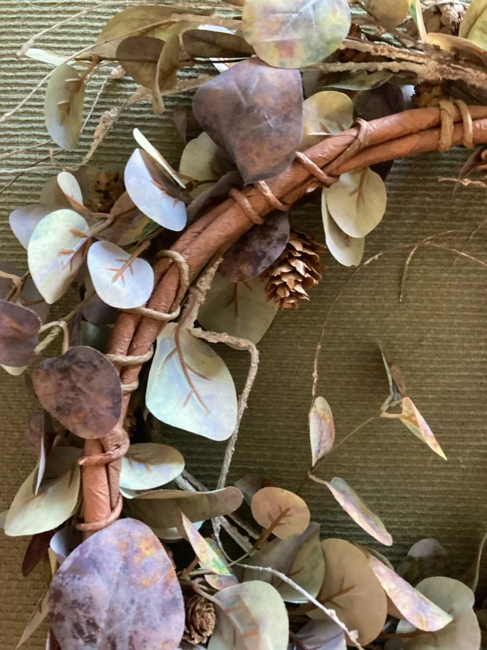 Wall front door hanging decor green brown fall eucalyptus wreath pine cones twig